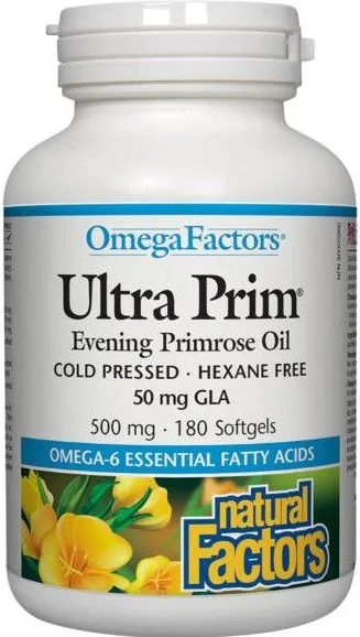 Natural Factors Ultra Prim Evening Primrose Oil Масло от вечерна иглика масло при ПМС и менопауза 500 мг х 180 капсули