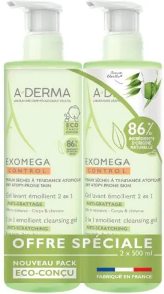 A-Derma Exomega Control Емолиентeн почистващ гел 2в1 за кърмачета и деца 2 х 500 мл Комплект