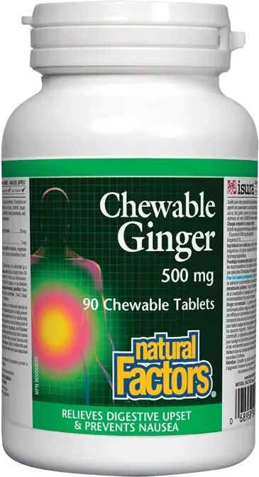 Natural Factors Chewable Ginger при гадене и повръщане при пътуване 500 мг х 90 дъвчащи таблетки