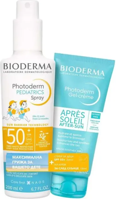 Bioderma Photoderm Pediatrics SPF50+ Слънцезащитен спрей за бебешка и детска кожа 200 мл + Bioderma Photoderm Après-soleil Гел-крем за след слънце 100 мл Комплект