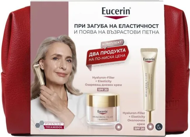 Eucerin Hyaluron-Filler + Elasticity Rose Озаряващ дневен крем SPF30 50 мл + Eucerin Hyaluron-Filler + Elasticity Околоочен крем SPF20 15 мл + Несесер Комплект