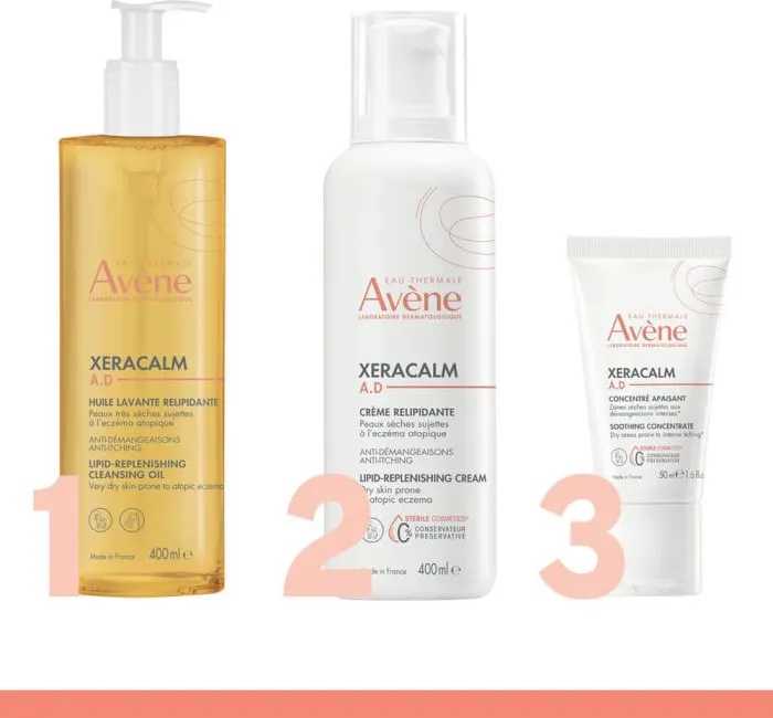 Avene XeraCalm A.D Релипидиращото измиващо олио 400 мл + Avene XeraCalm A.D Релипидиращ крем 400 мл + Avene XeraCalm A.D Успокояващ концентрат 50 мл Комплект