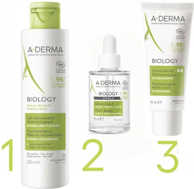 A-Derma Biology Дерматологично демакииращо мляко 200 мл + A-Derma Biology Hyalu Серум за лице 3в1 30 мл + A-Derma Biology Дерматологичен хидратиращ богат крем 40 мл Комплект