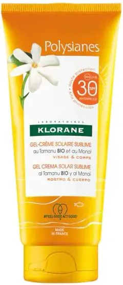 Klorane Polysianes Solar Sublime Слънцезащитен гел-крем за лице и тяло с органично масло от таману и монои SPF30 200 мл