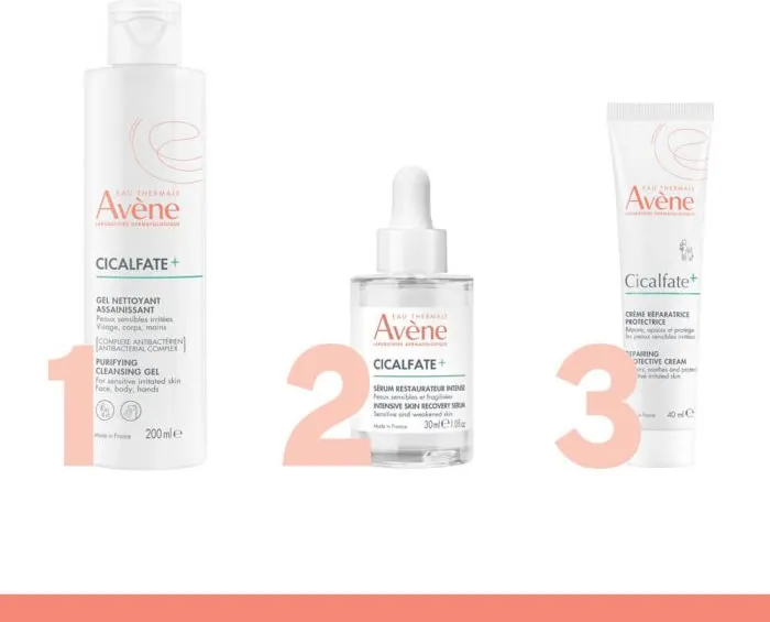 Avène Cicalfate + Почистващ измивен гел 200 мл + Avene Cicalfate + Възстановяващ защитен серум 30 мл + Avene Cicalfate+ Възстановяващ защитен крем 40 мл Комплект