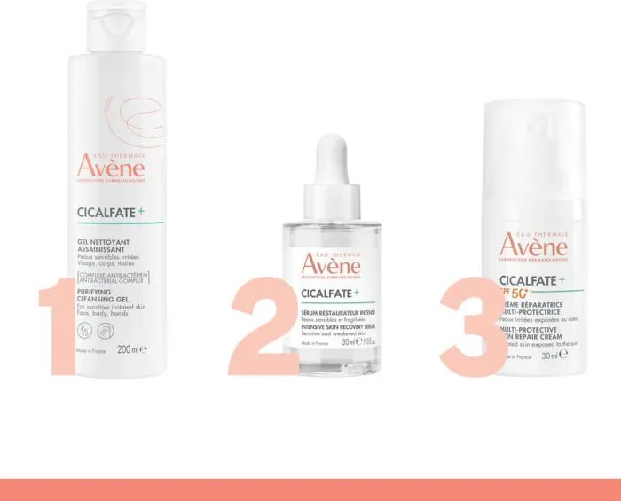 Avène Cicalfate + Почистващ измивен гел 200 мл + Avene Cicalfate+ Възстановяващ защитен серум 30 мл + Avene Cicalfate + Avene Cicalfate+ Многофункционален защитен крем SPF50+ 30 мл Комплеккт