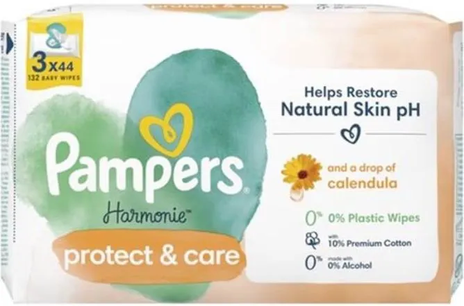 Pampers Harmonie Protect & Care Бебешки мокри кърпички невен 3 х 44 бр