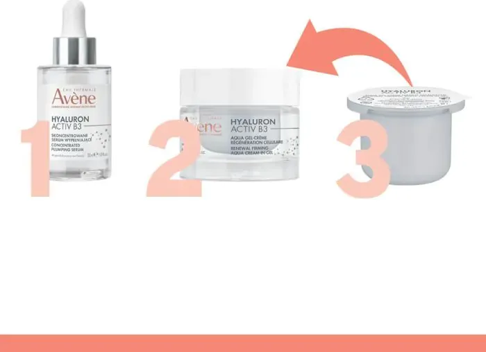 Avene Hyaluron Activ B3 Серум с изпълващо действие 30 мл + Avene Hyaluron Activ B3 Регенериращ аква гел-крем 50 мл + Avene Hyaluron Activ B3 Регенериращ аква гел-крем 50 мл Еко пълнител Комплект