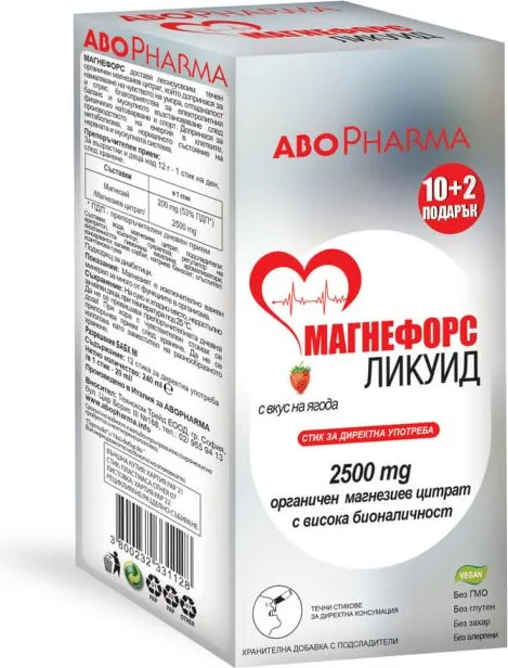 AboPharma Магнефорс Ликуид Магнезиев цитрат 2500 мг х 10+2 стика с вкус на ягода