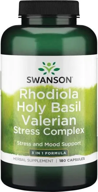 Swanson Rhodiola Holy Basil Valerian Stress Complex Родиола, Босилек, Валериана Стрес Комплекс 225/225/225 мг х 180 капсули