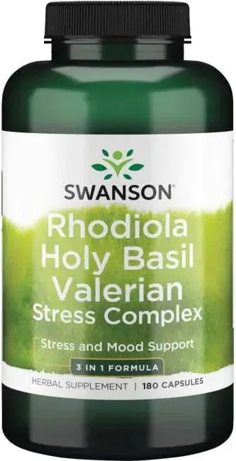 Swanson Rhodiola Holy Basil Valerian Stress Complex Родиола, Босилек, Валериана Стрес Комплекс 225/225/225 мг х 180 капсули