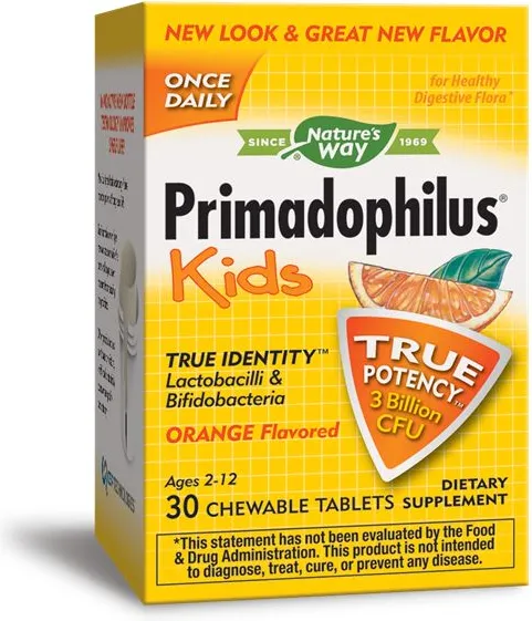 Nature's Way Primadophilus Kids Orange Пробиотик за деца 3 млрд. активни пробиотици портокал х30 дъвчащи таблетки