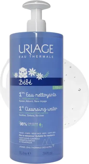 Uriage Bebe 1er EAU Почистваща вода за бебета без изплакване с органичен еделвайс 1000 мл