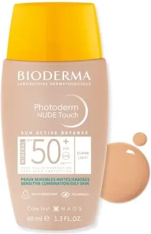 Bioderma Photoderm Nude Touch Слънцезащитен минерален оцветен флуид за лице за комбинирана и мазна кожа SPF50+ Светъл нюанс 40 мл