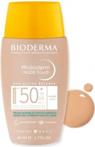 Bioderma Photoderm Nude Touch Слънцезащитен минерален оцветен флуид за лице за комбинирана и мазна кожа SPF50+ Светъл нюанс 40 мл