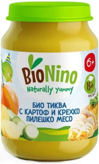 BioNino Био пюре с тиква, картоф, тиквички и пилешко месо 6+М 190 гр