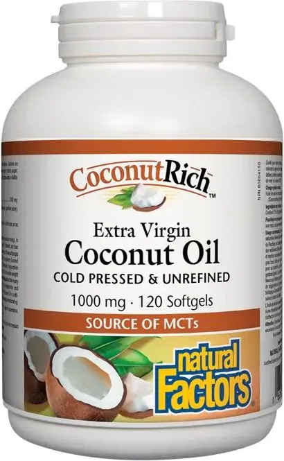 Natural Factors Extra Virgin Coconut Oil студена пресовано кокосово масло - източник на MCTs 1000 мг х 120 софтгел капсули