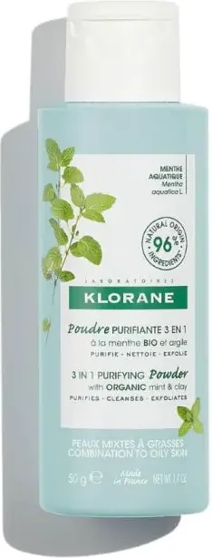 Klorane Почистваща пудра 3в1 с органична водна мента и зелена глина 50 г