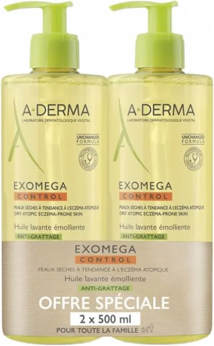 A-Derma Exomega Control Емолиентно душ-олио за суха и атопична кожа 2 х 500 мл Комплект
