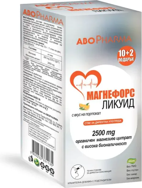 AboPharma Магнефорс Ликуид Магнезиев цитрат 2500 мг х 10+2 стика с вкус на портокал