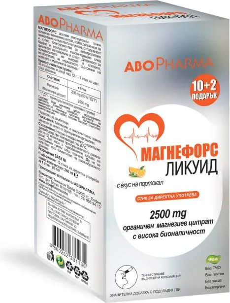 AboPharma Магнефорс Ликуид Магнезиев цитрат 2500 мг х 10+2 стика с вкус на портокал