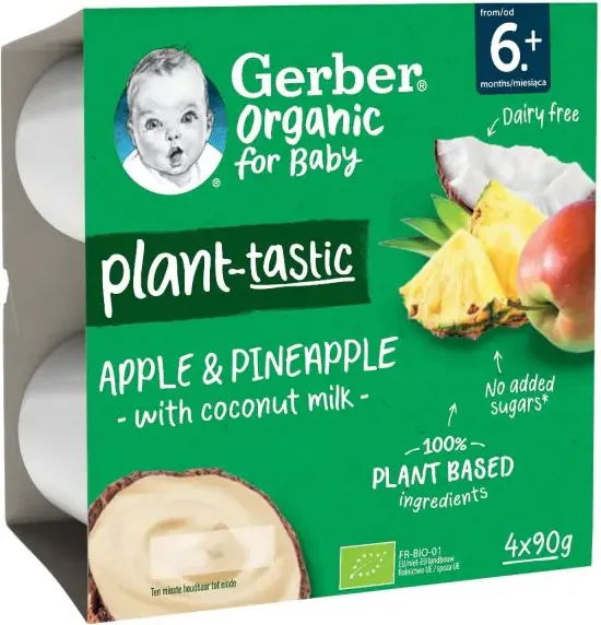 Gerber® Organic Десерт Ябълка, ананас и кокосов мус от 6-ия месец 4 бр. в опаковка 360 г