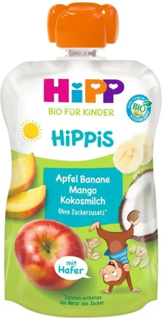 Hipp Hippis Био забавна закуска с ябълка, банан, манго, кокосово мляко и овес 12М+ 100 гр