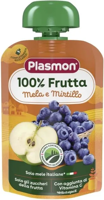 Plasmon 100% Mela E Mirtillo Плодова закуска ябълка и боровинка за деца 6М+ 100 гр