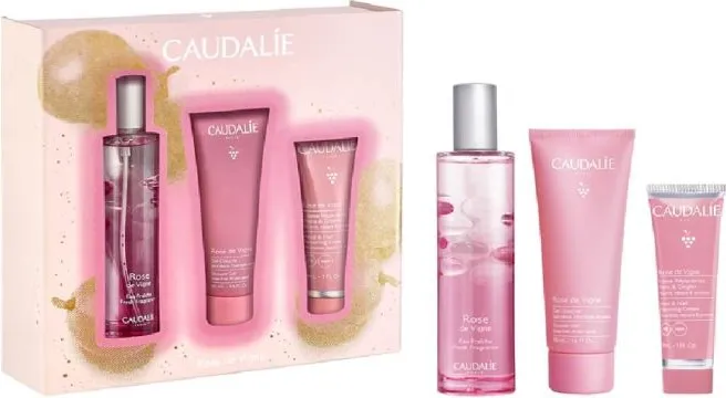 Caudalie Rose de Vigne Тоалетна вода със свеж аромат 30 мл + Rose De Vigne Душ гел с алое, рози, ревен и мускус 50 мл + Rose de Vigne Възстановяващ крем за ръце и нокти 30 мл Комплект