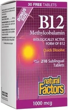 Natural Factors B12 Метилкобаламин за нормално състояние на нервната система 1000 мкг х180 разтворими таблетки + 30 бонус