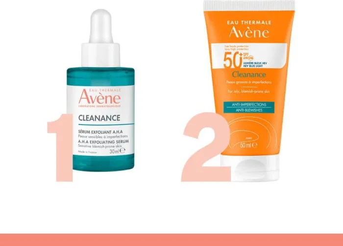 Avene Cleanance A.H.A Ексфолиращ серум за лице 30 мл + Avene Cleanance Слънцезащитен матиращ крем за лице за кожа, склонна към акне SPF50+ 50 мл Комплект