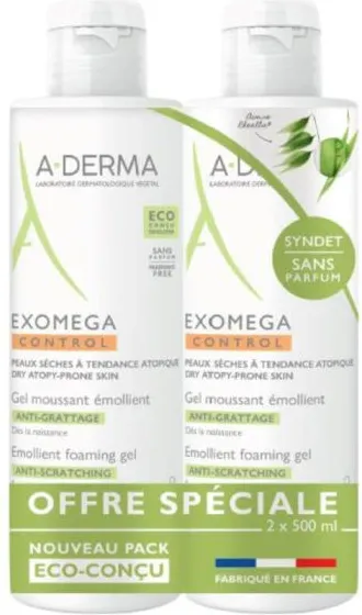 A-Derma Exomega Control Емолиентен пенещ се гел за лице и тяло 2 x 500 мл Комплект