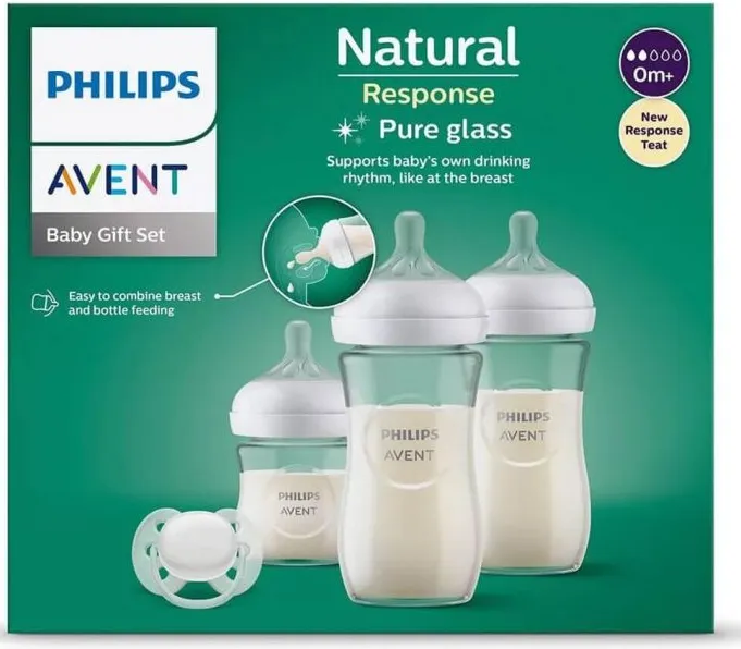 Avent Natural Response Стъклена бутилка 120 мл 0М+ х1 бр + Стъклена бутилка 240 мл 1М+ х2 бр + Avent Ultra Soft Залъгалка 0-6М Комплект