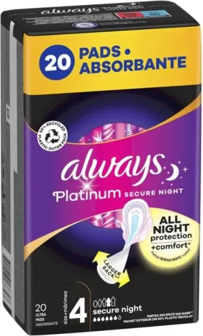 Always Platinum Secure Night Extra Нощни дамски превръзки размер 4 х 20 бр