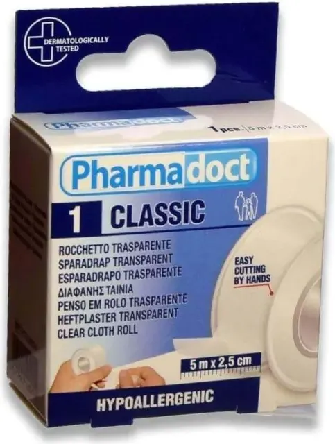 Pharmadoct Classic Хипоалергенен прозрачен лейкопласт 5 м х 2,5 см
