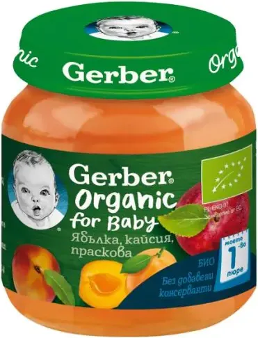 Gerber® Organic Храна за бебета Ябълка, кайсия, праскова от 6-ия месец бурканче 125 гр