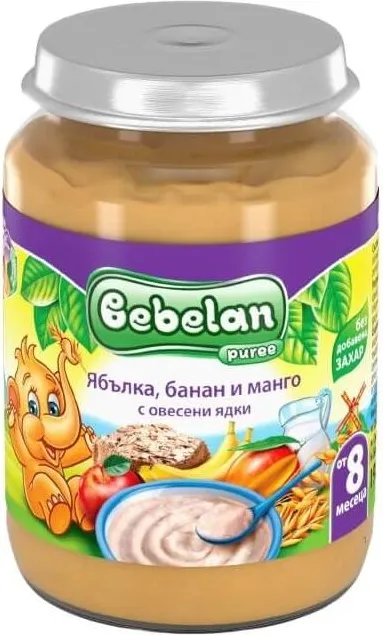 Bebelan Puree Млечна каша от ябълка, банан и манго с овесени ядки 8М+ 190 г