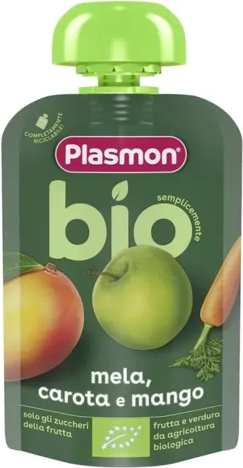 Plasmon Bio Плодова закуска ябълка, морков и манго за деца 6М+ 100 г