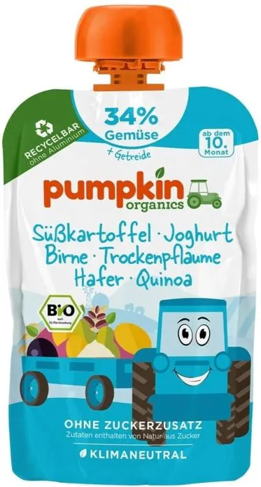 Био пюре пауч сладък картоф, йогурт, сливи и овесени ядки Pumpkin Organics 10М+ 100 гр