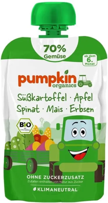 Био пюре пауч сладък картоф, ябълка, спанак Pumpkin Organics 6М+ 100 гр