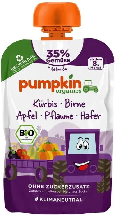 Био пюре пауч тиква, слива, круша и овесени ядки Pumpkin Organics 8М+ 100 гр