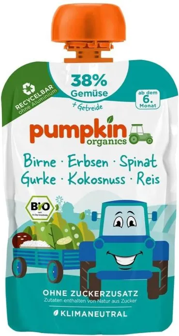 Био пюре пауч круша, грах, спанак, краставица и кокос Pumpkin Organics 6М+ 100 гр