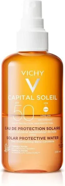 Vichy Capital Soleil Слънцезащитна вода за лице и тяло за подобряване на тена SPF50 200 мл