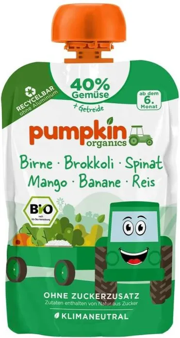 Био пюре пауч круша, броколи, спанак и манго Pumpkin Organics 6М+ 100 гр