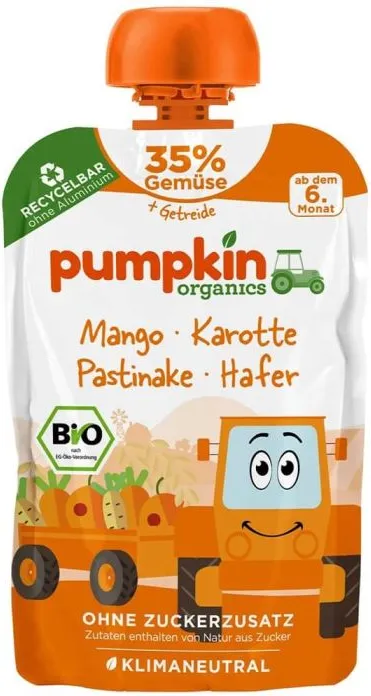 Био пюре пауч овесени ядки, манго и морков Pumpkin Organics 6М+ 100 гр