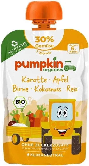 Био пюре пауч морков, ябълка, круша, кокос и ориз Pumpkin Organics  6М+ 100 гр