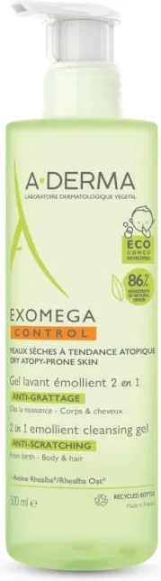 A-Derma Exomega Control Емолиентeн почистващ гел 2в1 за кърмачета и деца 500 мл