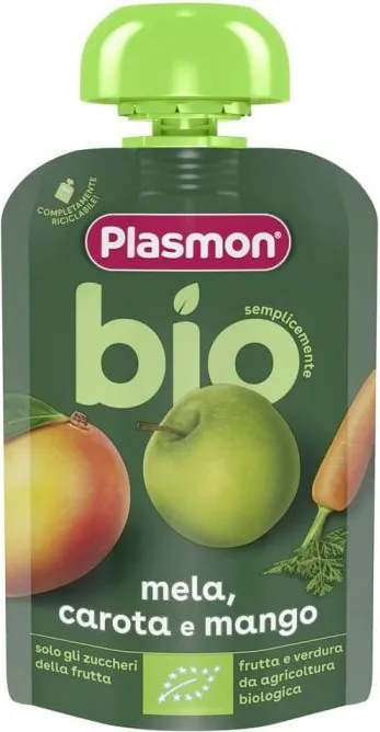 Plasmon Bio Плодова закуска ябълка, морков и манго за деца 6М+ 100 г