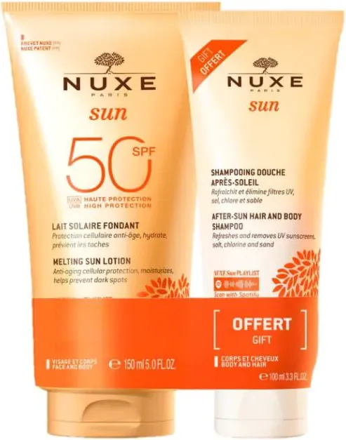 Nuxe Sun Слънцезащитен деликатен лосион за лице и тяло SPF 50 150 мл + Шампоан за коса и тяло за след слънце 100 мл Комплект
