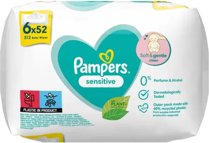 Pampers Sensitive Fragrance Free Бебешки мокри кърпички 6x52 бр